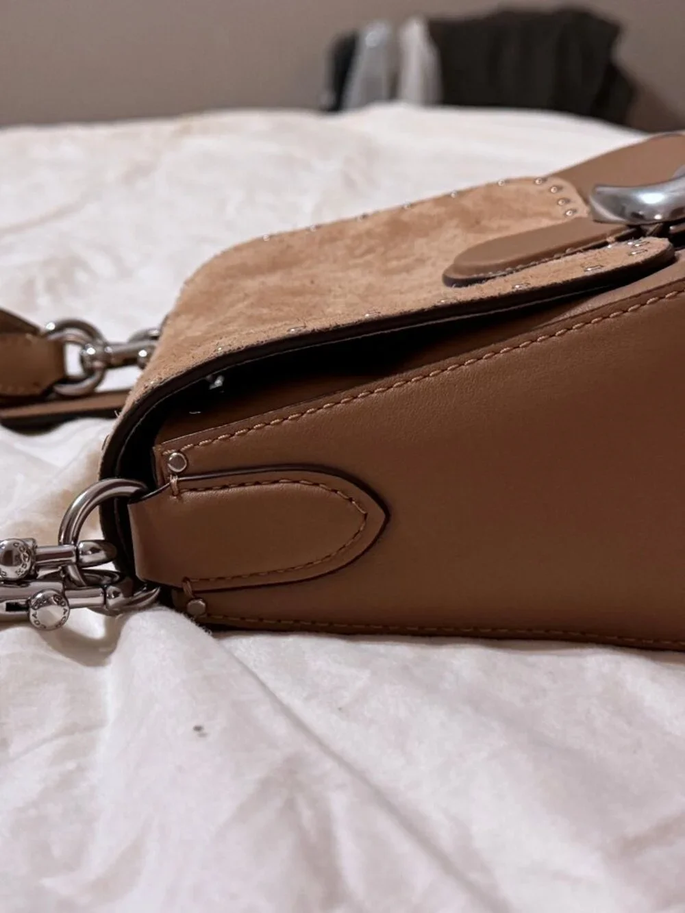 Coach Soft Tabby Shoulder Bag Crossbody Suede Peanut - Complete Both Straps
